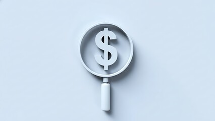 Close-up of a white 3D rendered magnifying glass focusing on a bright white dollar sign symbol against a pale blue background, suggesting financial analysis or research.