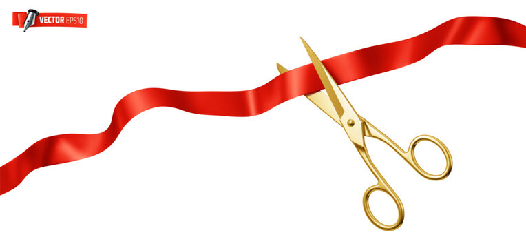 Vector realistic illustration of scissors cutting a red ribbon on a white background.