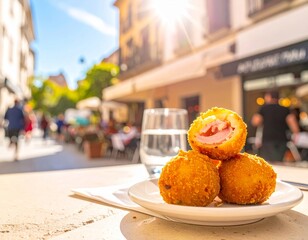 Firefly Ham Croquettes offer a tasty treat in a vibrant Spanish street tapas terrace with sunlight and lively atmosphere