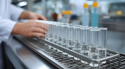 Rows of clear test tubes with liquid are prepared in a laboratory rack