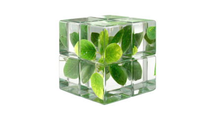 Sustainable green cube inside transparent glass blocks representing eco innovation, environmental design, green architecture, and modern sustainability concept
