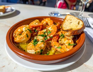 Firefly Garlic Shrimp Gambas al Ajillo served on a street terrace with bread and olive oil during a sunny afternoon