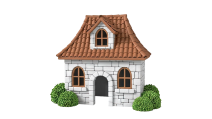 Cartoon Stone House with Tiled Roof and Green Bushes