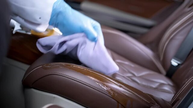 Professional technician thoroughly cleans leather car seats restoring softness and shine with specialized conditioners in a spotless vehicle interior