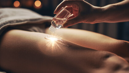 Soothing hand pouring glowing massage oil onto back skin helps person feel relaxing calm. Magic light absorbing into body during luxury spa treatment offers healing energy cosmetic beauty therapy
