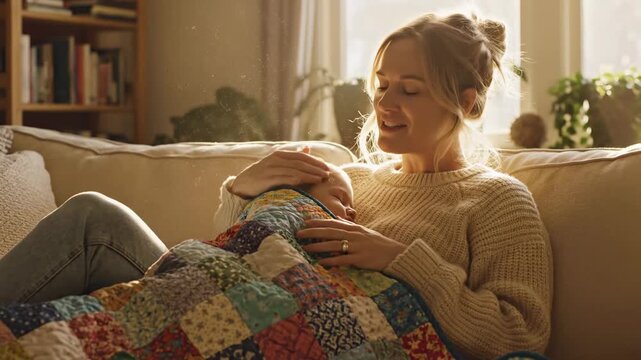 Loving mother sitting on a couch, holding and caressing her sick baby sleeping under a warm patchwork quilt, taking care of her child suffering from a fever, cold, or influenza at home