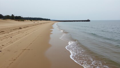 Tranquil Coastal Scene with Sandy Beach and Pier