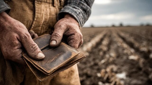 Hardship Harvest: A weathered farmer, clutching an empty wallet against a backdrop of barren fields, embodies the struggle and sacrifice of agrarian life.
