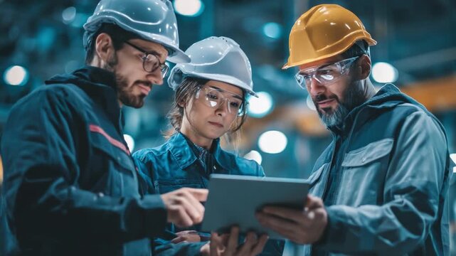 Team Collaboration in the Workshop: In a workshop setting, a dedicated team of engineers huddle together, intently reviewing a digital tablet.