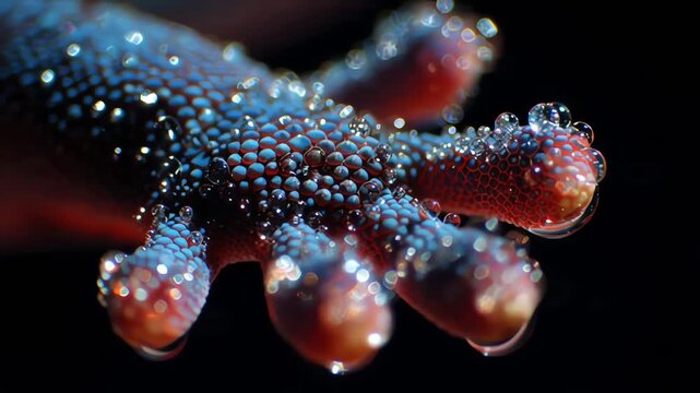 Macro gecko foot with water droplets, adhesive toe pads close-up