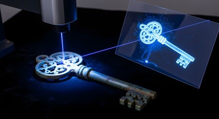 Advanced Laser Technology Scans an Ornate Antique Key, Creating a Blue Holographic Projection for Digital Data Capture and Analysis and Future Innovation