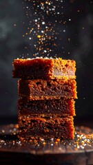 Decadent Stack of Brownies Dusted with Flaky Salt Against a Dark, Moody Background