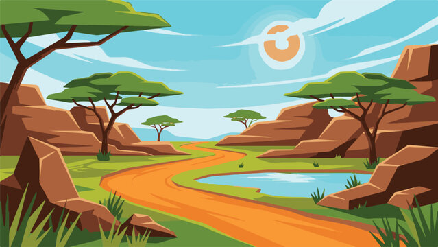 Vibrant cartoon savanna landscape with acacia trees, rocky hills, and winding path
