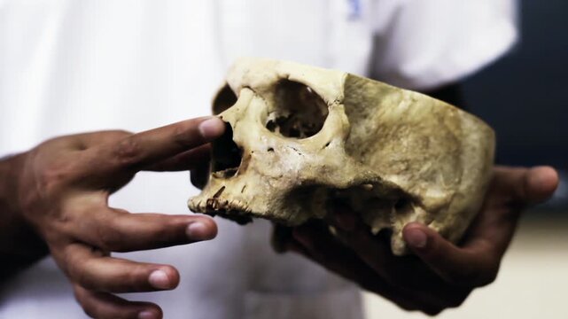 Partial Human Skull Examination By Hands, Anatomy And Anthropology Study, Scientific Education Close Up - 4K