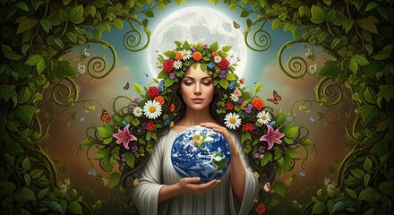 A young woman in white robes holds a glowing Earth sphere, wearing a colorful flower crown. Lush vines and blooms frame her against a full moon. Perfect for nature themes and caring concepts.