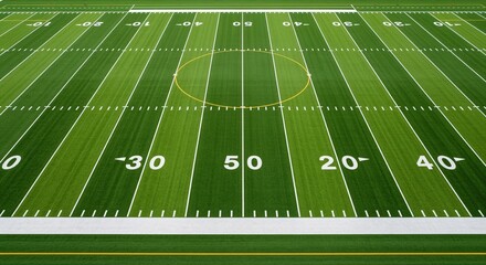 Green football field with white yard lines and numbers marking every ten yards. Perfect for sports backgrounds, game day promotions, athletic events, or team presentations.