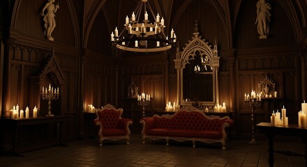 Dark gothic hall with red velvet sofa and chair lit by candles and chandeliers. Medieval arches and statues create a mysterious mood. Perfect for fantasy, horror, or historical themes.