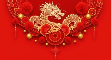 Red and gold Chinese dragon with lanterns and decorations on bright red background. Perfect for Lunar New Year celebrations, festival greetings, holiday cards, and cultural events.
