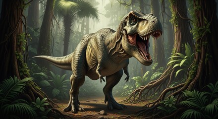 A fearsome dinosaur roars in a dense jungle with lush green plants and tall trees. Perfect for prehistoric themes, educational content, or fantasy projects needing ancient creatures.