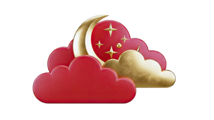 Golden Crescent Moon and Stars in Red and Gold Clouds