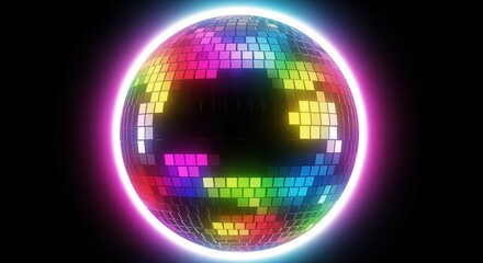 A shiny disco ball with colorful rainbow squares reflects light against a dark background. Perfect for party invitations, nightclub promotions, dance events, or retro themed designs.