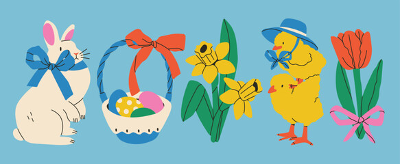 Various Easter symbols set. Cute bunny or fluffy rabbit, basket full of colorful eggs, cute chicks with hat, tulip, narcissus, ribbon bow. Hand drawn Vector illustration. Isolated design elements © Dariia