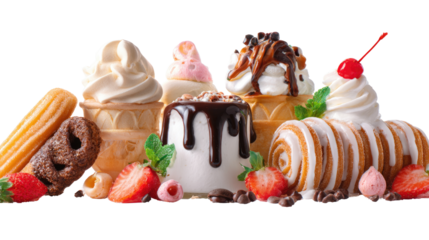 Sweet desserts collection featuring ice cream pudding pie cake popsicles and candy arranged as colorful indulgent treat concept