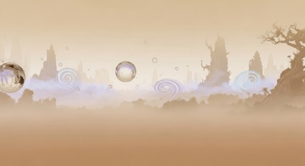 A serene, ethereal landscape with floating orbs and swirling patterns in a muted, earthy tone.
