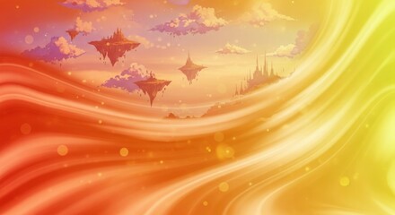 A vibrant, colorful sunset with floating islands and a castle in the distance.