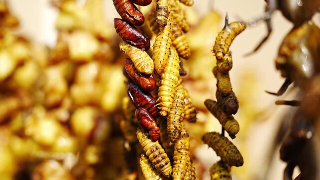 Silkworm pupae and river crabs are skewered and displayed at a roadside food stall during Magh Bihu celebrations, reflecting traditional Assamese delicacies enjoyed during the harvest festival