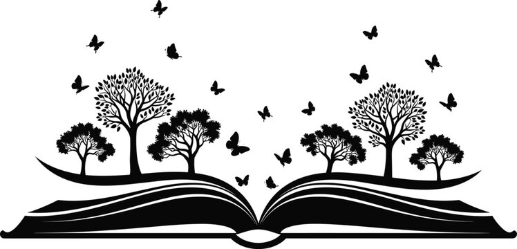 Open book with trees and flying butterflies silhouettes, dreamy nature scene, isolated on white background, ideal for education, fantasy, illustration, and vector design