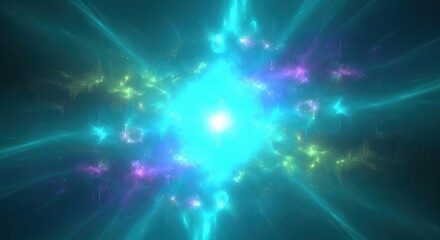 A vibrant, colorful nebula with a central blue and green glow, surrounded by a starburst of purple and yellow lights.