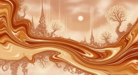 A surreal, abstract landscape with flowing, swirling orange and brown lines and shapes, featuring a moon, trees, and a cityscape in the background.