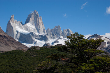 Panoramic view of Mount Fitz Roy in Chalten, Argentinean Patagonia, with mountain lake in the foreground