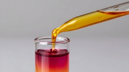 A yellow liquid is carefully dispensed from a pipette into a test tube containing a red solution creating a vibrant color gradient