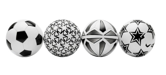 Four patterned balls: soccer, stars, geometric, and star panel designs on white