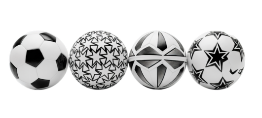 Four patterned balls: soccer, stars, geometric, and star panel designs on white