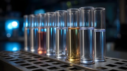 A laboratory rack holding multiple test tubes filled with clear and colored liquids illuminated in a research setting