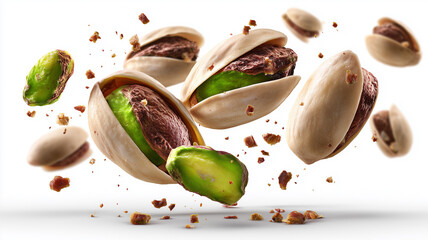 Flying Pistachio Nuts With White Background Food Concept
