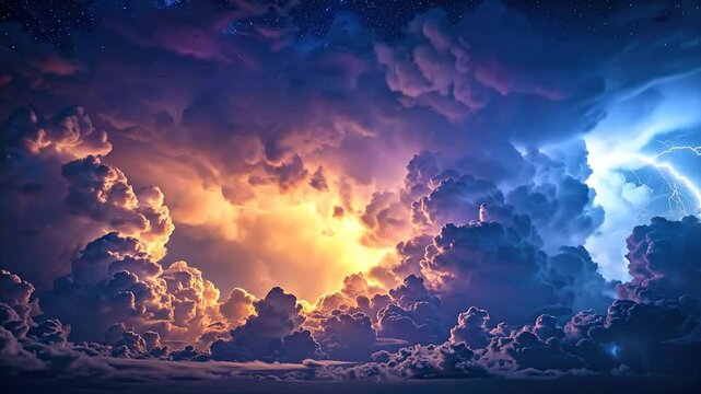 A dramatic depiction of a thunderstorm, showcasing lightning flashing through cumulonimbus clouds