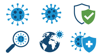 Virus Protection Icons blue vector illustration of health and safety symbols, line and solid glyph styles for healthcare, medical, and website use on white background.