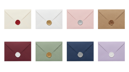 Colored envelope set including cream, white, pink, kraft, burgundy, sage, navy, and lavender with wax seals isolated. Correspondence and wedding invitation collection.