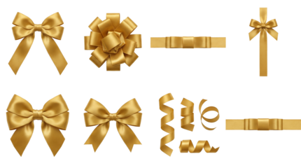 Golden satin ribbon and bow set including various knot styles, rosettes, curled streamers, and straight bands isolated. Holiday decoration and gift packaging collection.
