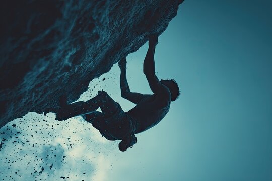 Silhouette of a determined rock climber gripping a cliff edge against a blue sky, showcasing extreme adventure and athletic prowess.