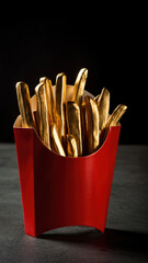 Luxury gold french fry sculpture inside red ceramic carton displays expensive artistic wealth. Shiny golden fast food statue implies creative modern concept having metallic distinct style