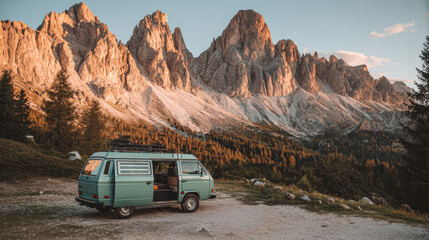 Vintage van parks near mountains