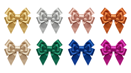 Satin ribbon bow set including gold silver rose copper beige green blue and magenta variants isolated. Decorative gift wrap and holiday ornament collection.