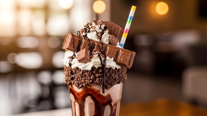Milkshake with chocolate bar garnish, indulgent dessert theme