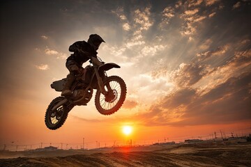 Naklejka premium Silhouette of a Motocross Rider Soaring Through the Air Against a Dramatic Sunset Over a Dirt Track