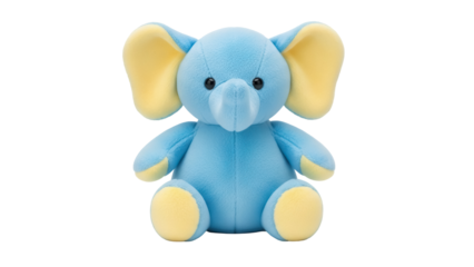 Cute blue elephant plush toy isolated PNG on transparent background, soft stuffed animal for kids and baby room decor
